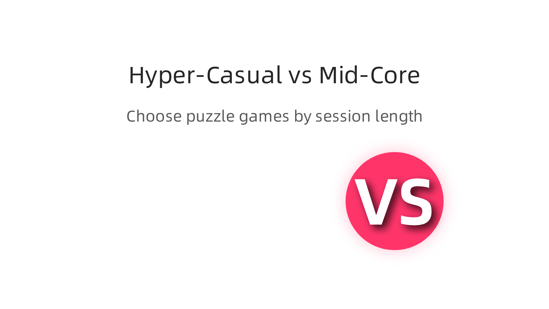 A comparison infographic helping users choose between hyper-casual and mid-core puzzle games based on session length.