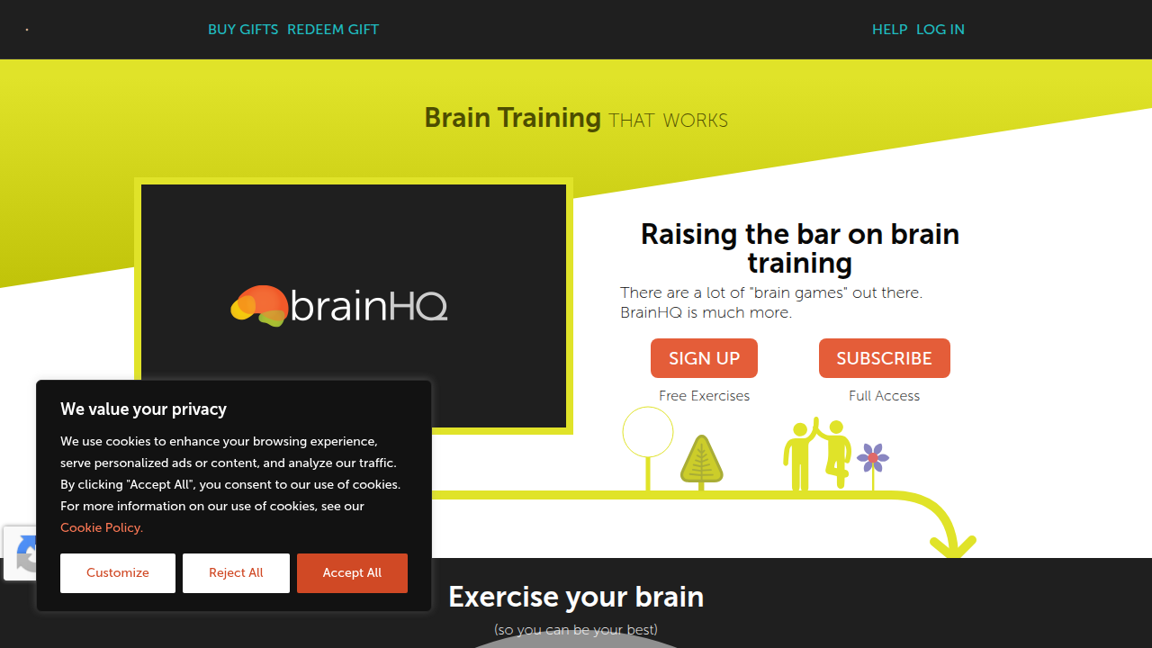A screenshot of the BrainHQ website, highlighting its science-backed brain training programs.