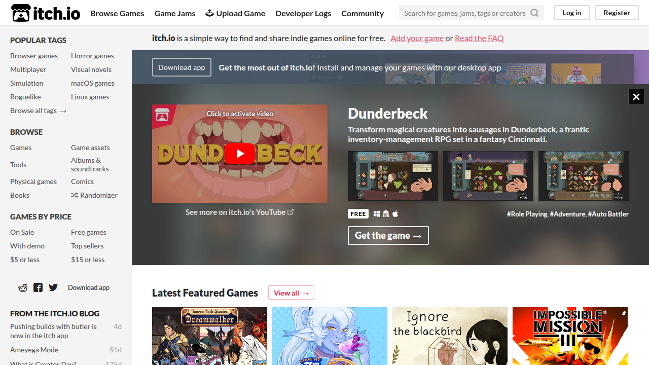 A screenshot of itch.io's website, a popular marketplace for independent digital games.