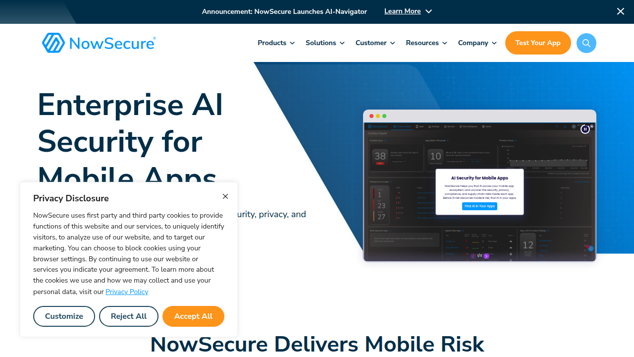 A screenshot of NowSecure's website, a leader in mobile app security testing and privacy.