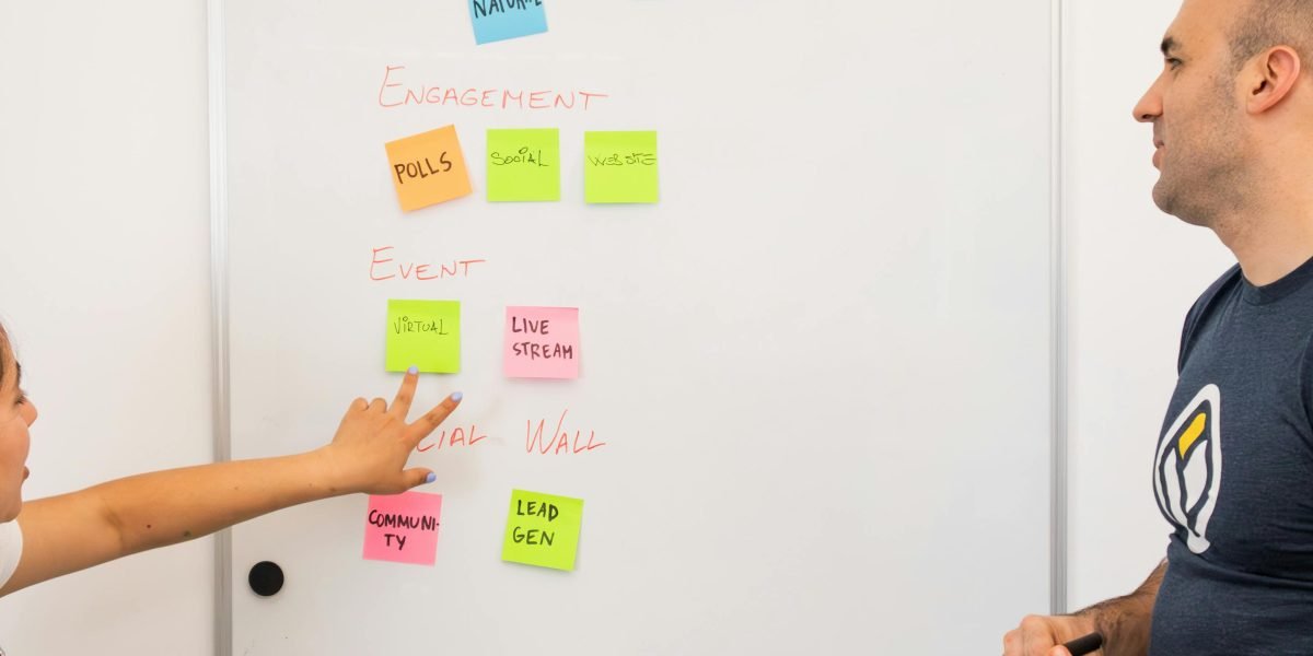 A person using a whiteboard to plan and organize, representing the benefits of a structured and efficient digital workspace on a smartphone.