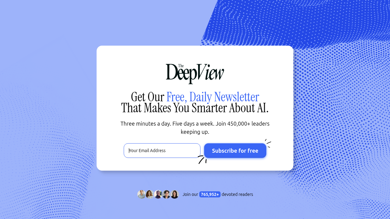 A screenshot of The Deep View Newsletter's subscription page, offering updates on AI and consumer tech.