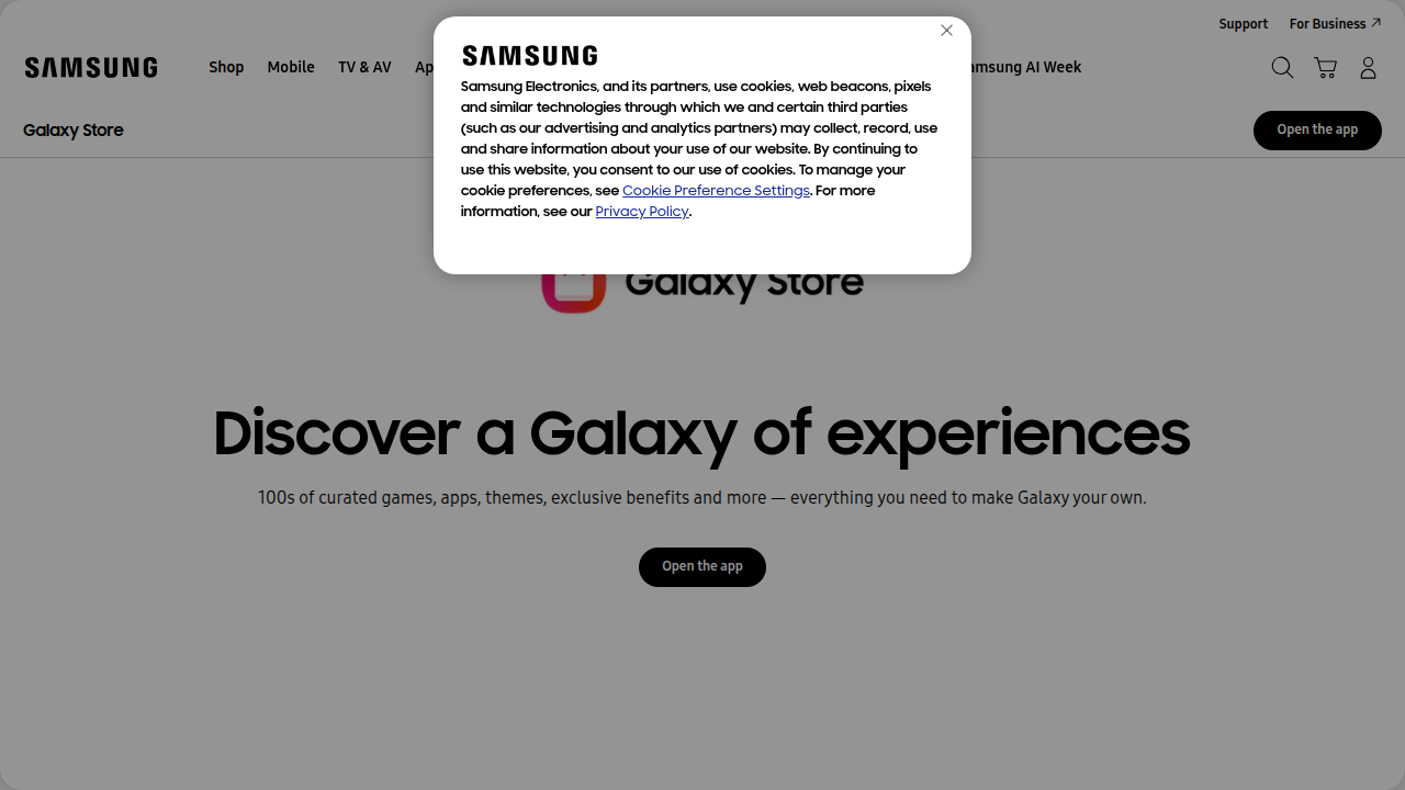 The homepage of the Samsung Galaxy Store, where users can find apps, themes, and icon packs tailored for Galaxy devices.