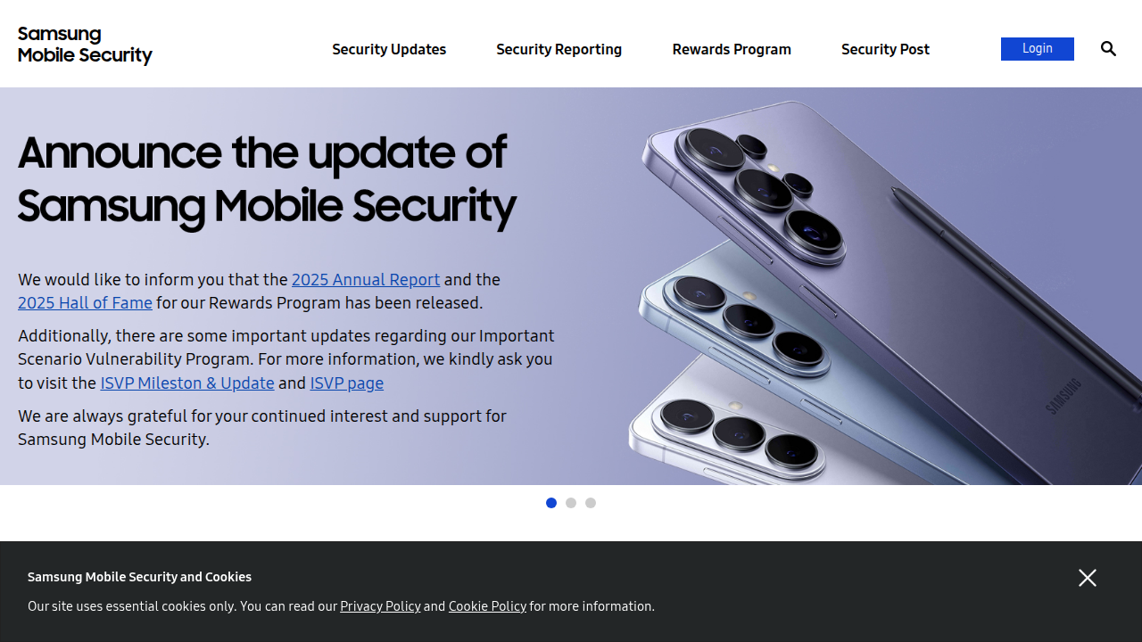 A screenshot of Samsung's official security page, detailing the latest security updates and policies for Galaxy devices.