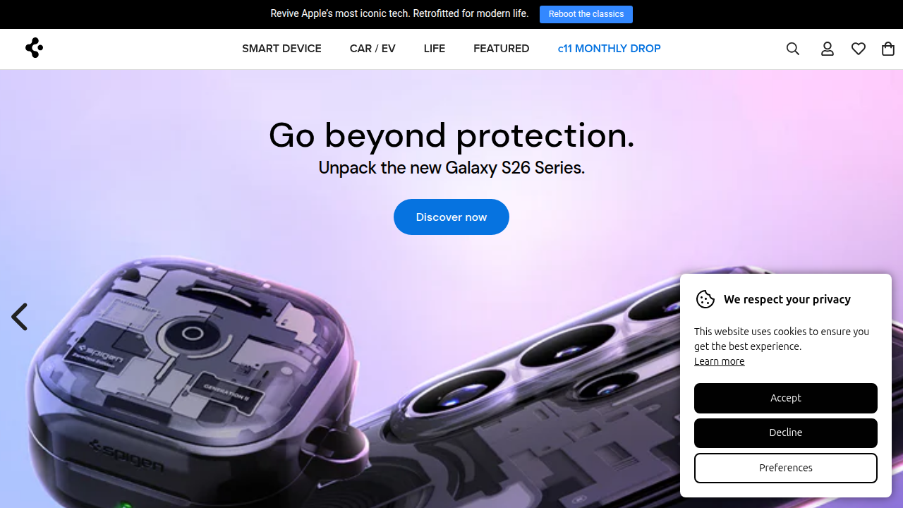 Spigen's official website showcasing their range of protective cases and accessories for smartphones.