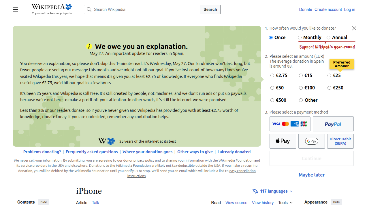 A screenshot of the Wikipedia page for the iPhone, detailing its history and impact.