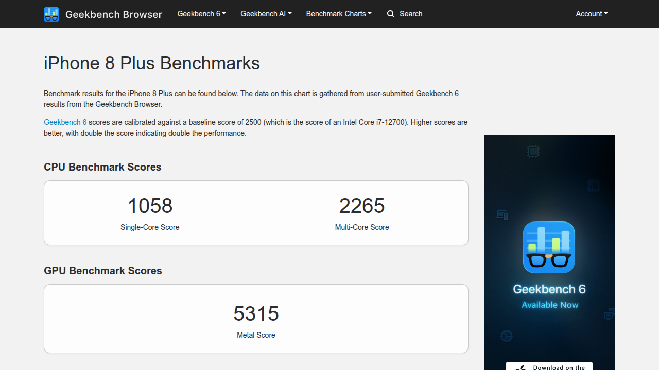 A screenshot of Geekbench Browser displaying benchmark scores for the iPhone 8 Plus, highlighting its performance.