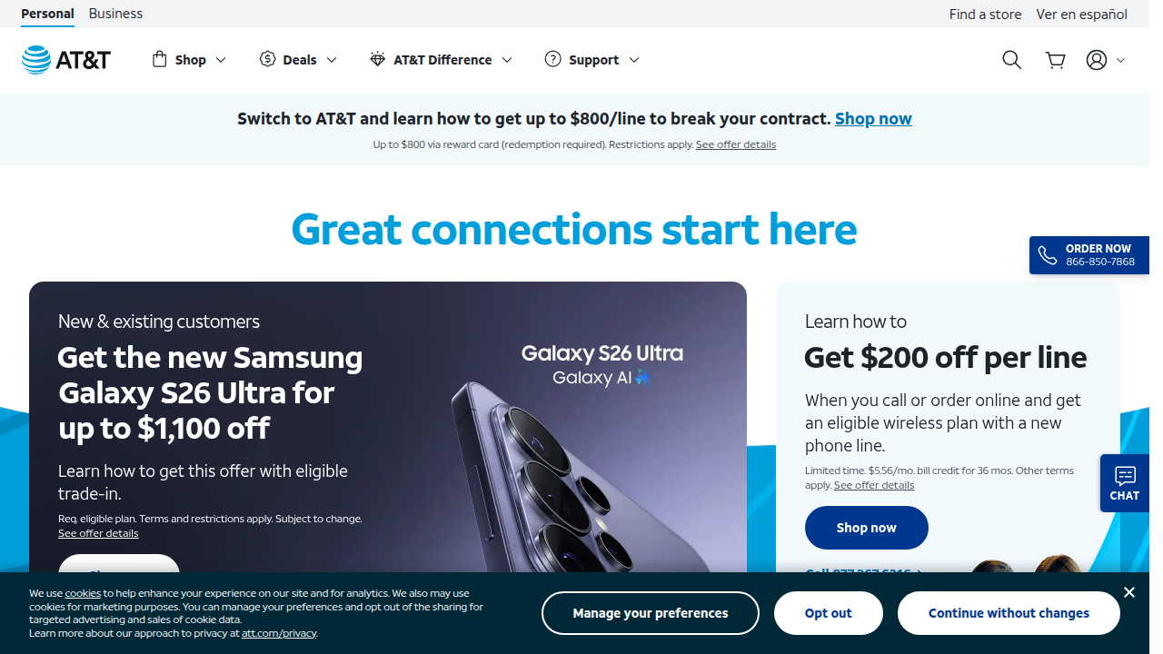 A screenshot of AT&T's online store, displaying the iPhone 15 product page with available colors.
