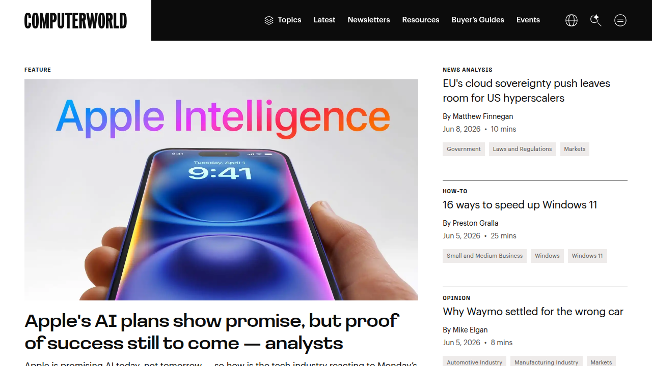 A view of Computerworld's homepage, a trusted source for IT news, reviews, and insights on Android launchers.