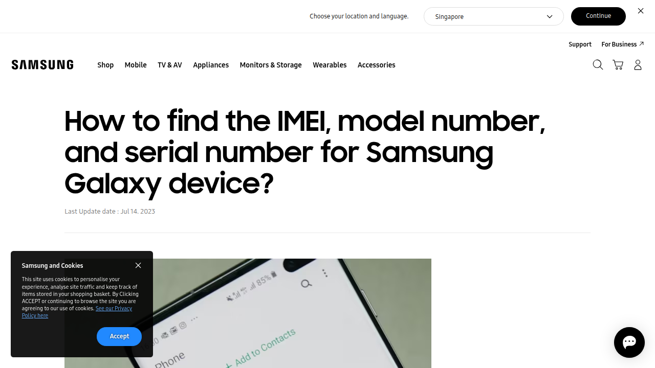 A screenshot of Samsung's official support page, illustrating how to find your device's IMEI number.