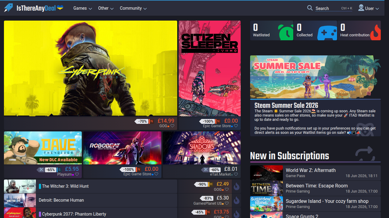 IsThereAnyDeal.com, a price comparison tool for legitimate game key sellers.