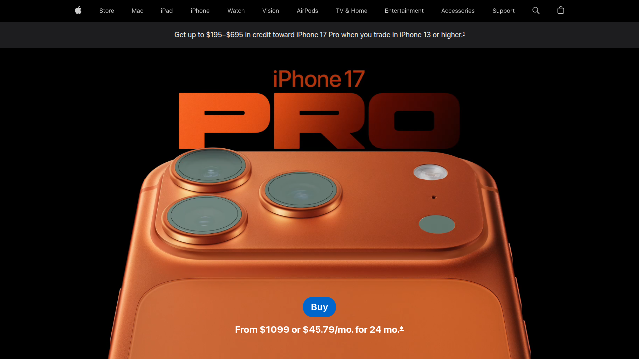 The official landing page for the iPhone 17 Pro and Pro Max on Apple's website, detailing features and pricing.