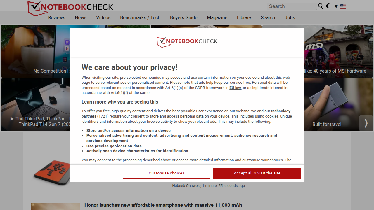 The Notebookcheck homepage, a resource for detailed processor benchmarks and tech specifications.