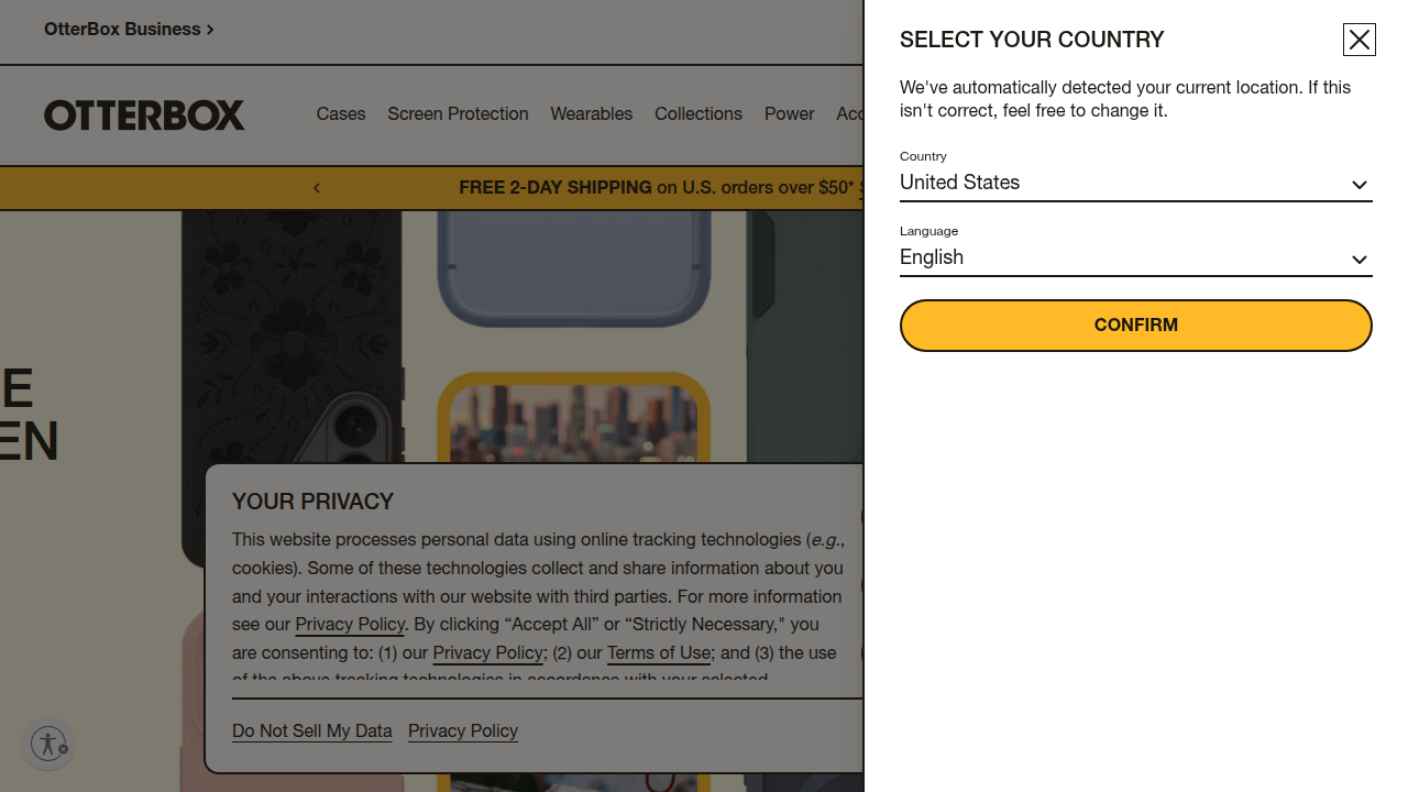 A screenshot of the OtterBox homepage, showcasing their range of durable phone cases and accessories.