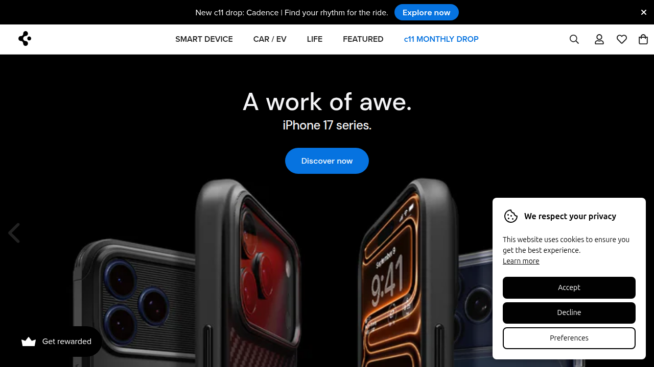 A screenshot of the Spigen website, highlighting their Ultra Hybrid clear case for smartphones.
