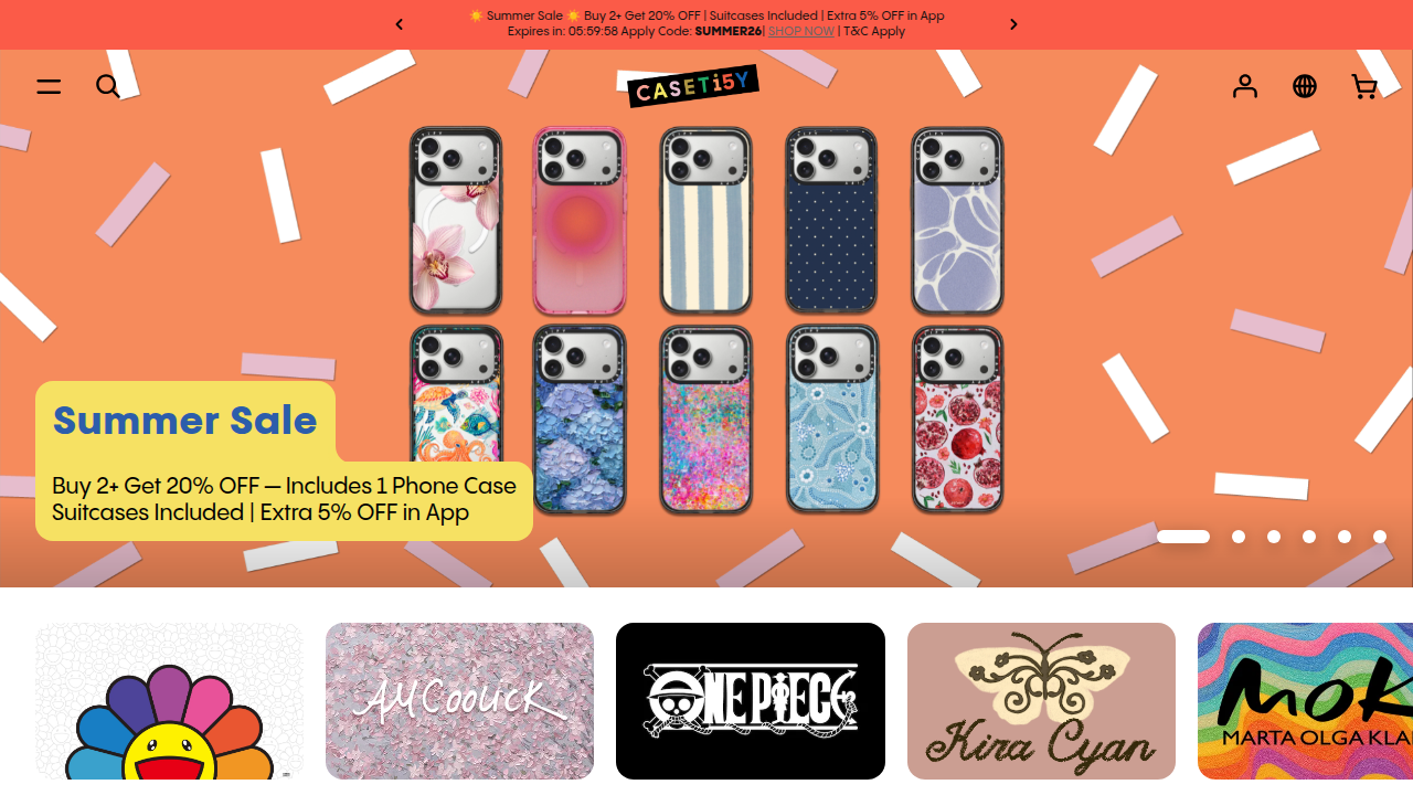 A screenshot of the Casetify website, displaying their customizable Impact Cases with various designs.