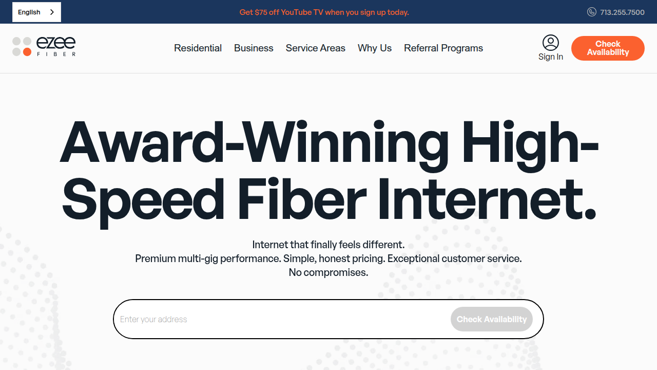 A screenshot of Ezeefiber's homepage, a resource for internet speed comparisons and data.