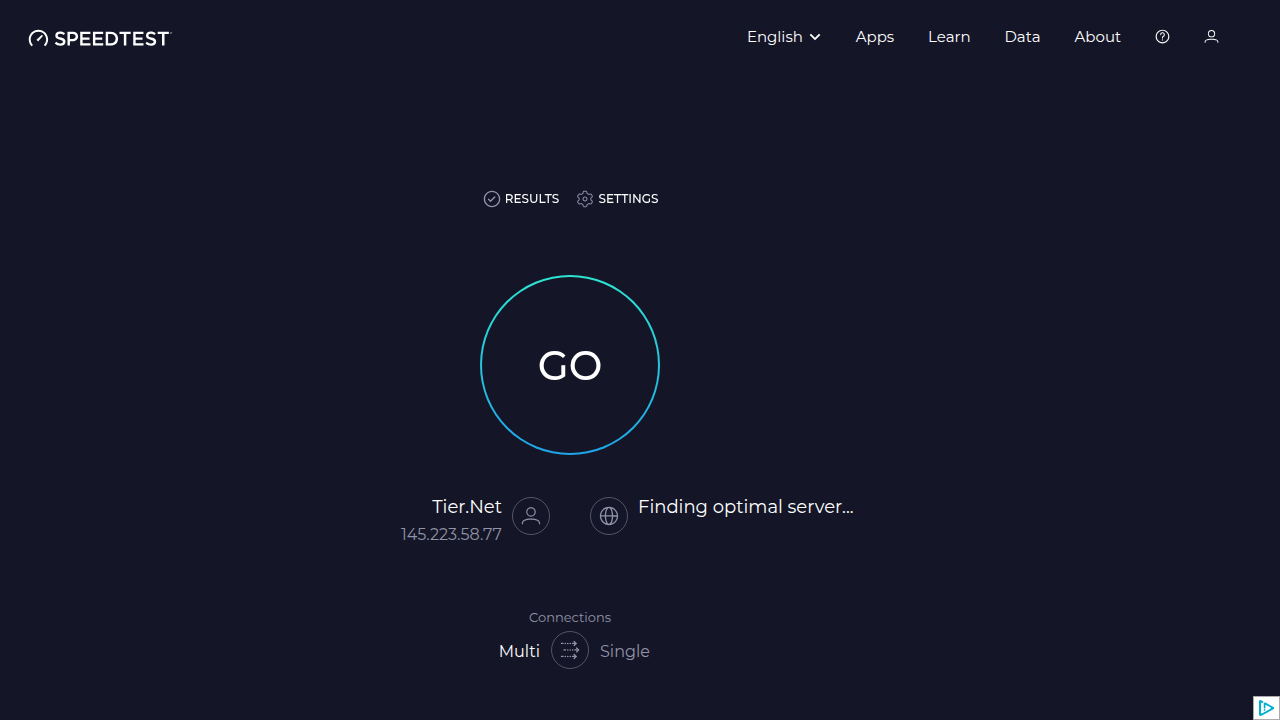 A screenshot of Speedtest.net, a popular and reliable online tool for measuring internet connection speed.