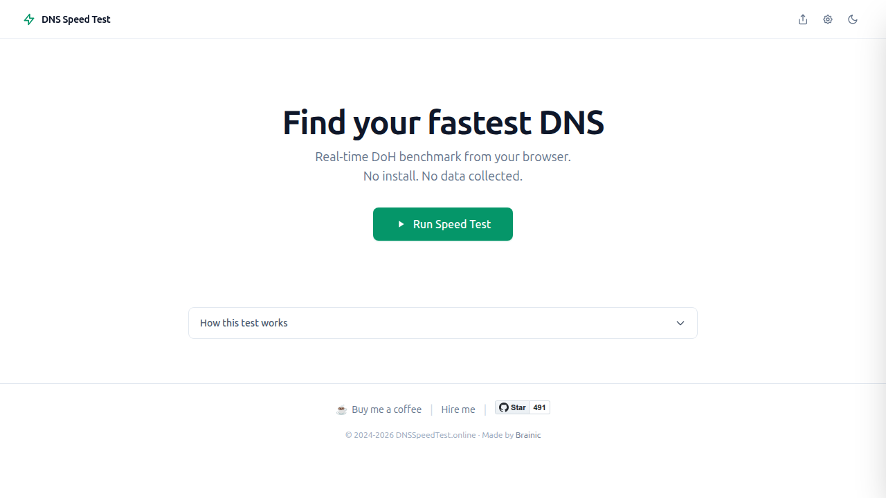 A screenshot of the DNS Speed Test website, an online tool for comparing DNS server performance.