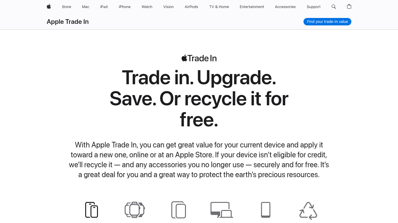 A screenshot of Apple's official Trade In program page, detailing the simple steps to get an estimated value for your device.
