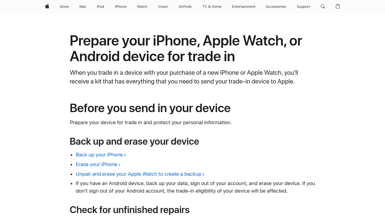 A screenshot of Apple Support's guide on preparing your iPhone for trade-in, outlining essential steps before sending your device.