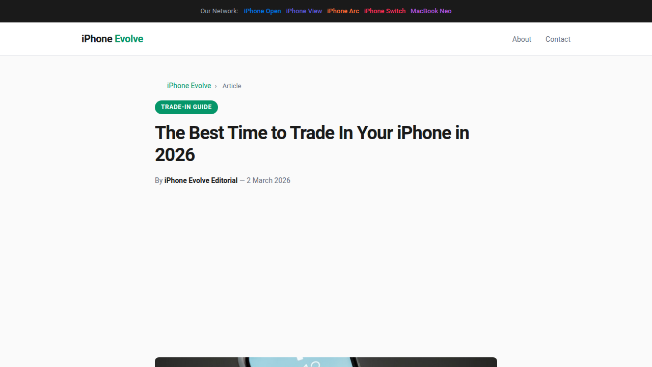 A screenshot of iPhone Evolve, a resource providing insights on iPhone depreciation and optimal trade-in timing.