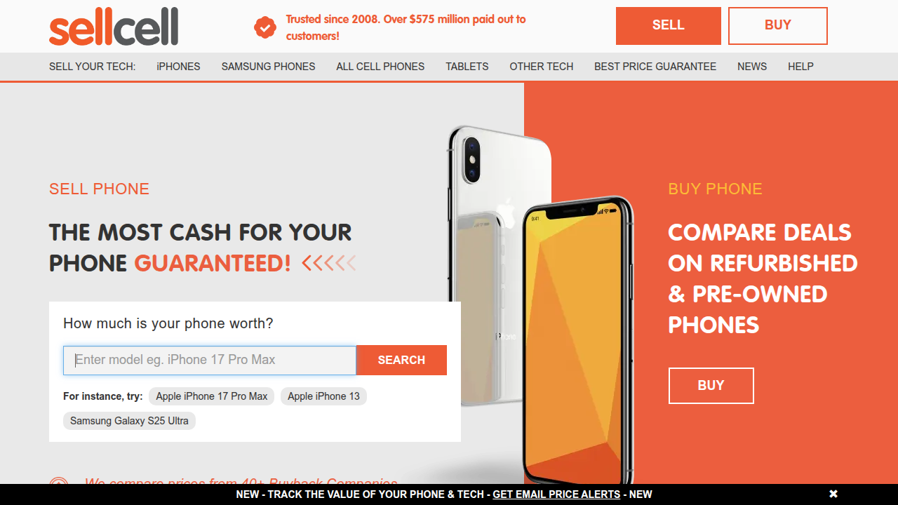 A screenshot of SellCell, a platform that compares trade-in offers from various third-party resellers to help users maximize value.