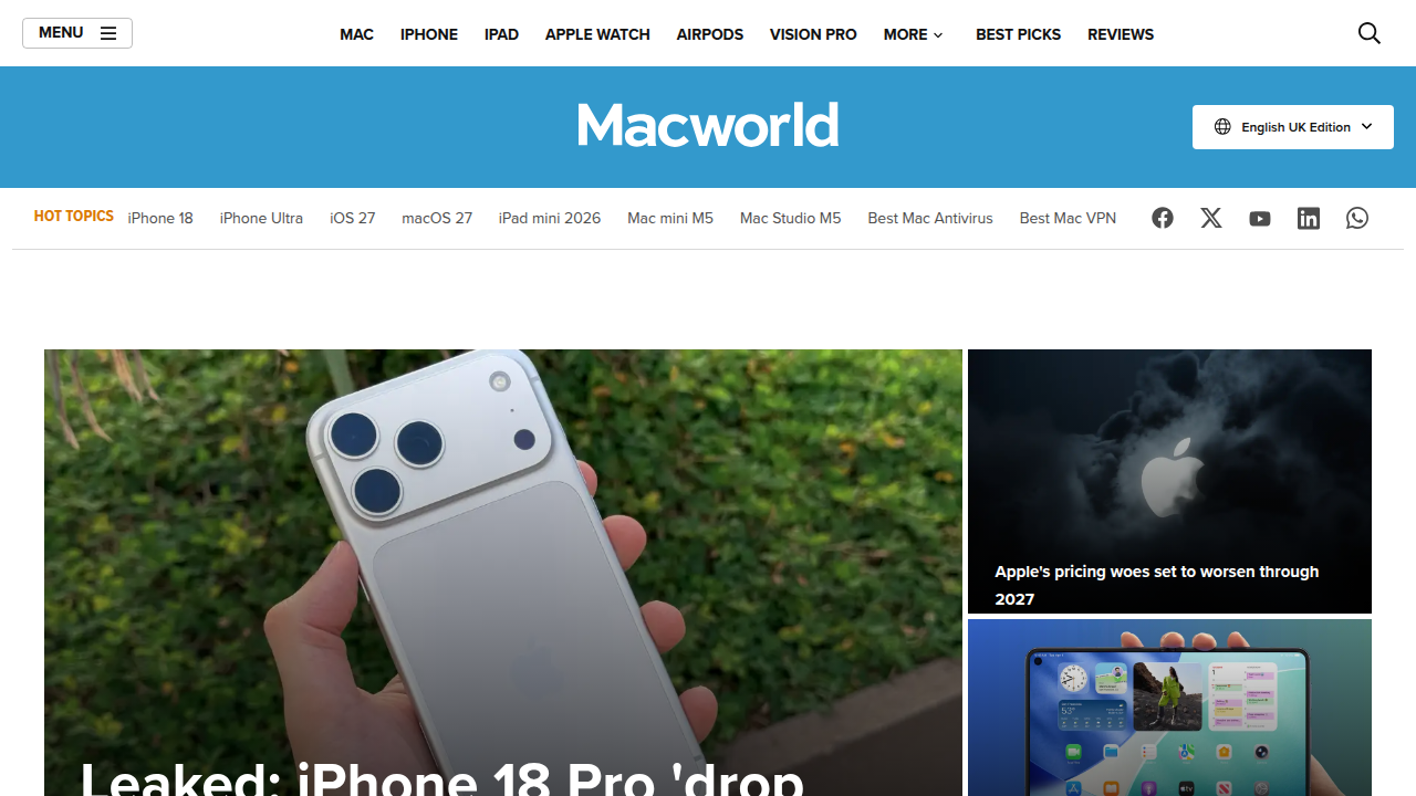 A view of the Macworld website, a leading source for Apple product news, reviews, and analysis.