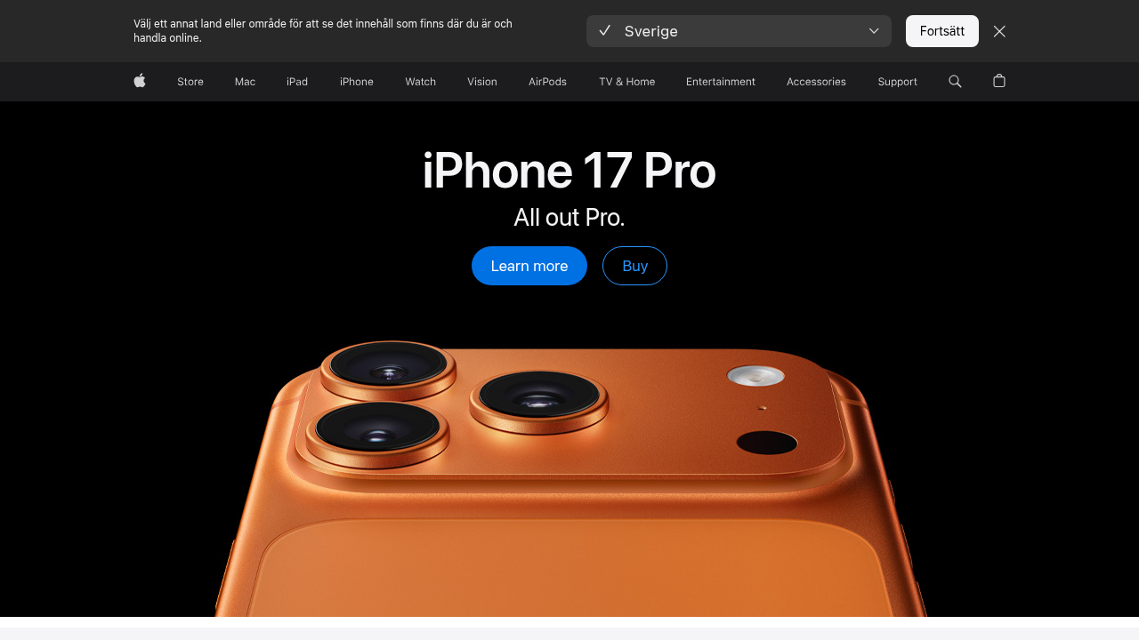 The official Apple homepage, showcasing their latest products and services, including iPhones.