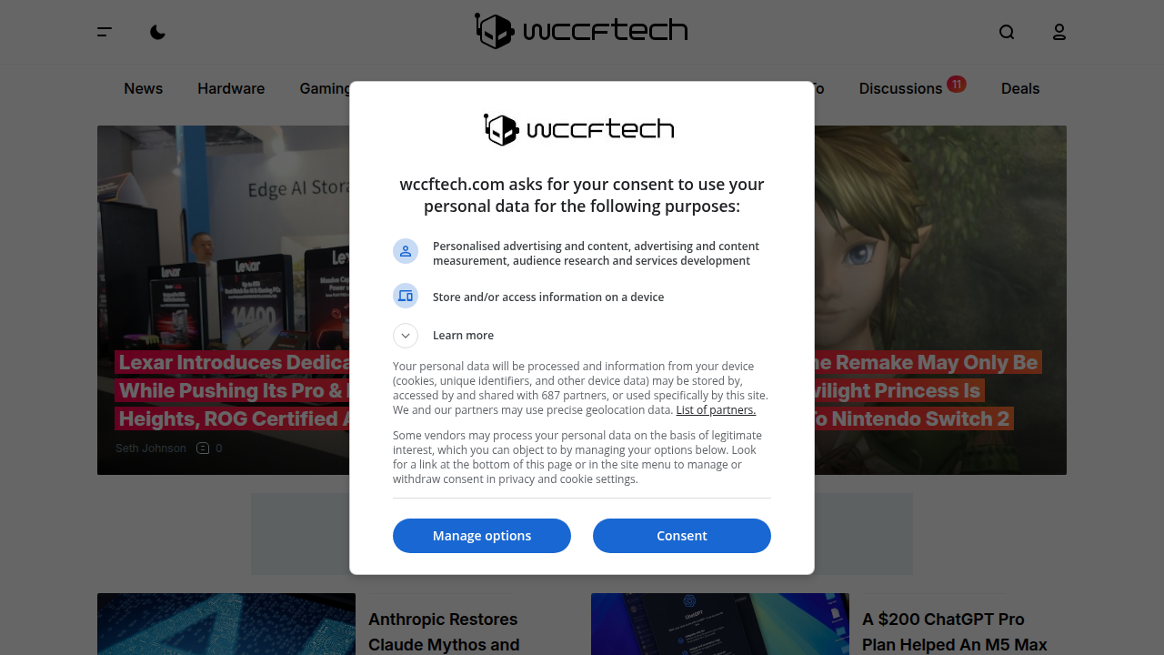 Homepage of WCCFTech, a technology news and reviews website covering various consumer electronics.