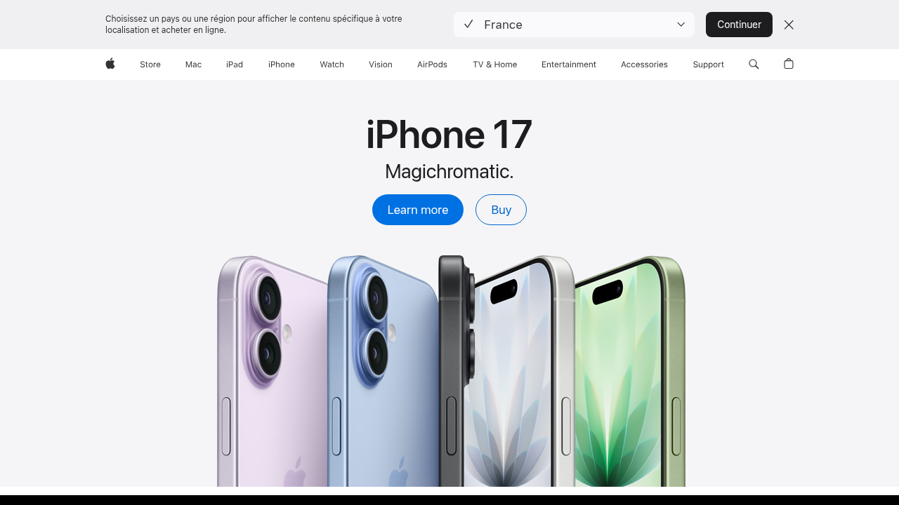 Homepage of Apple Inc., showcasing their latest products, software, and services.
