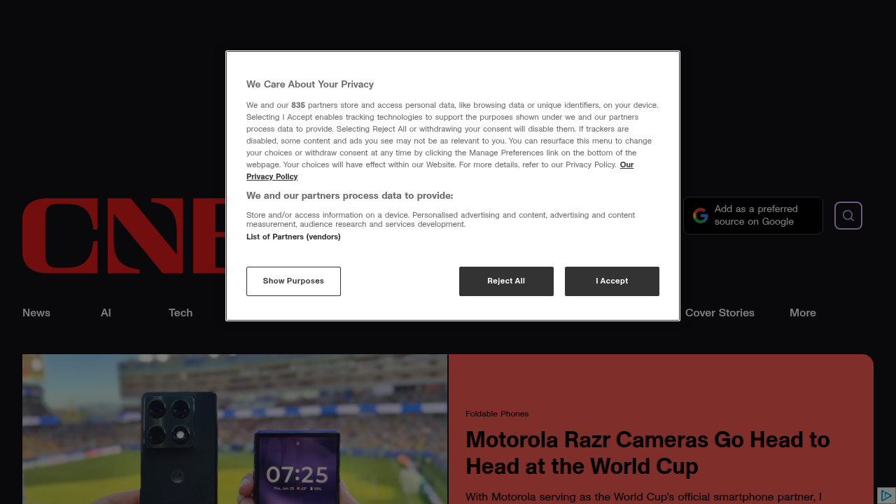 Homepage of CNET, a technology news and reviews website providing comprehensive coverage of consumer electronics.