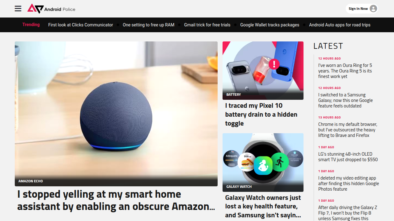 Screenshot of the Android Police website homepage, a leading source for Android news, reviews, and features.