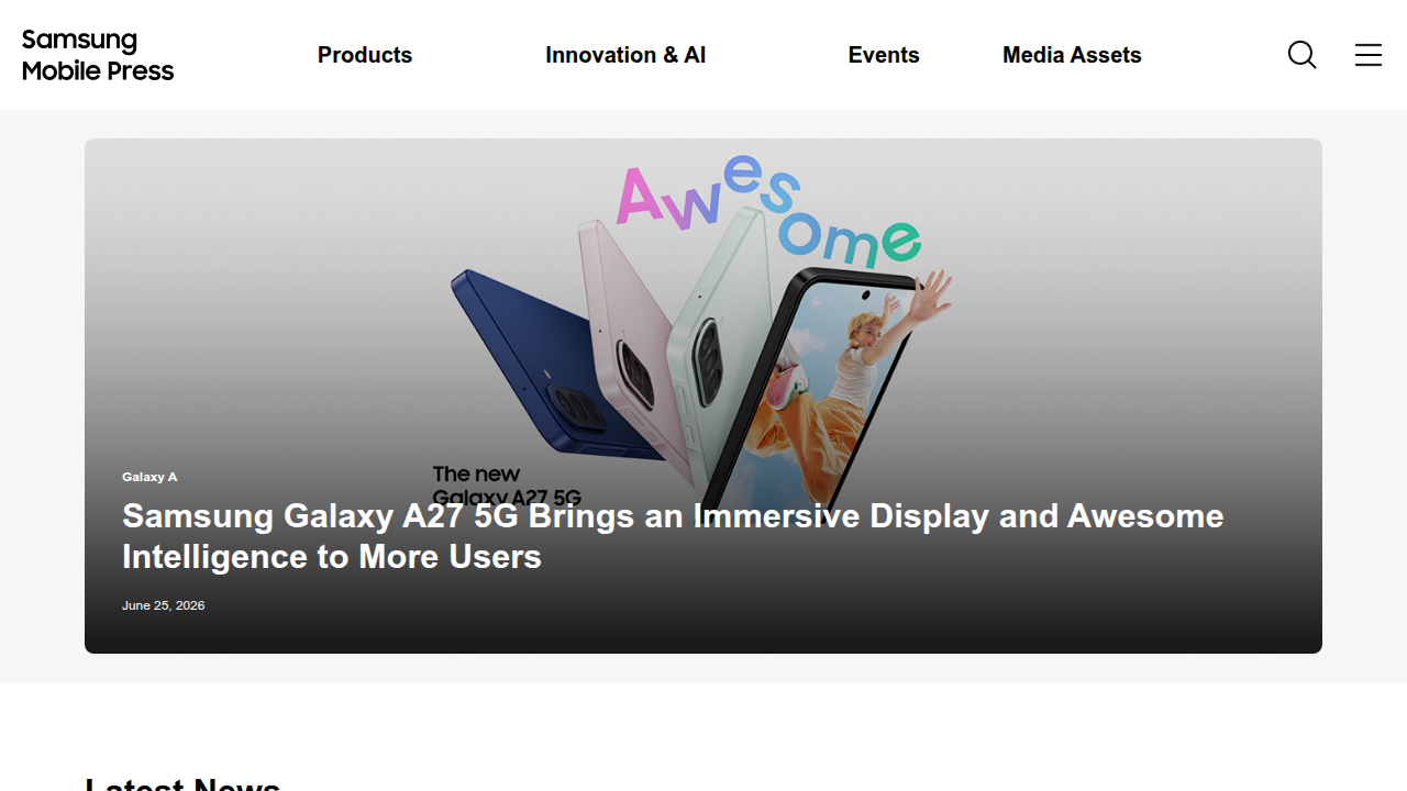 Screenshot of the Samsung Mobile Press website homepage, Samsung's official global newsroom for mobile product announcements and insights.