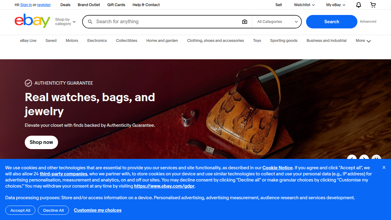 Screenshot of the eBay homepage, a leading platform for buying and selling used technology products.
