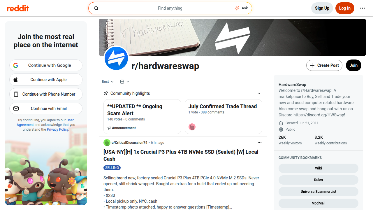 Screenshot of the r/hardwareswap subreddit, showcasing a community-driven marketplace for computer hardware and electronics.