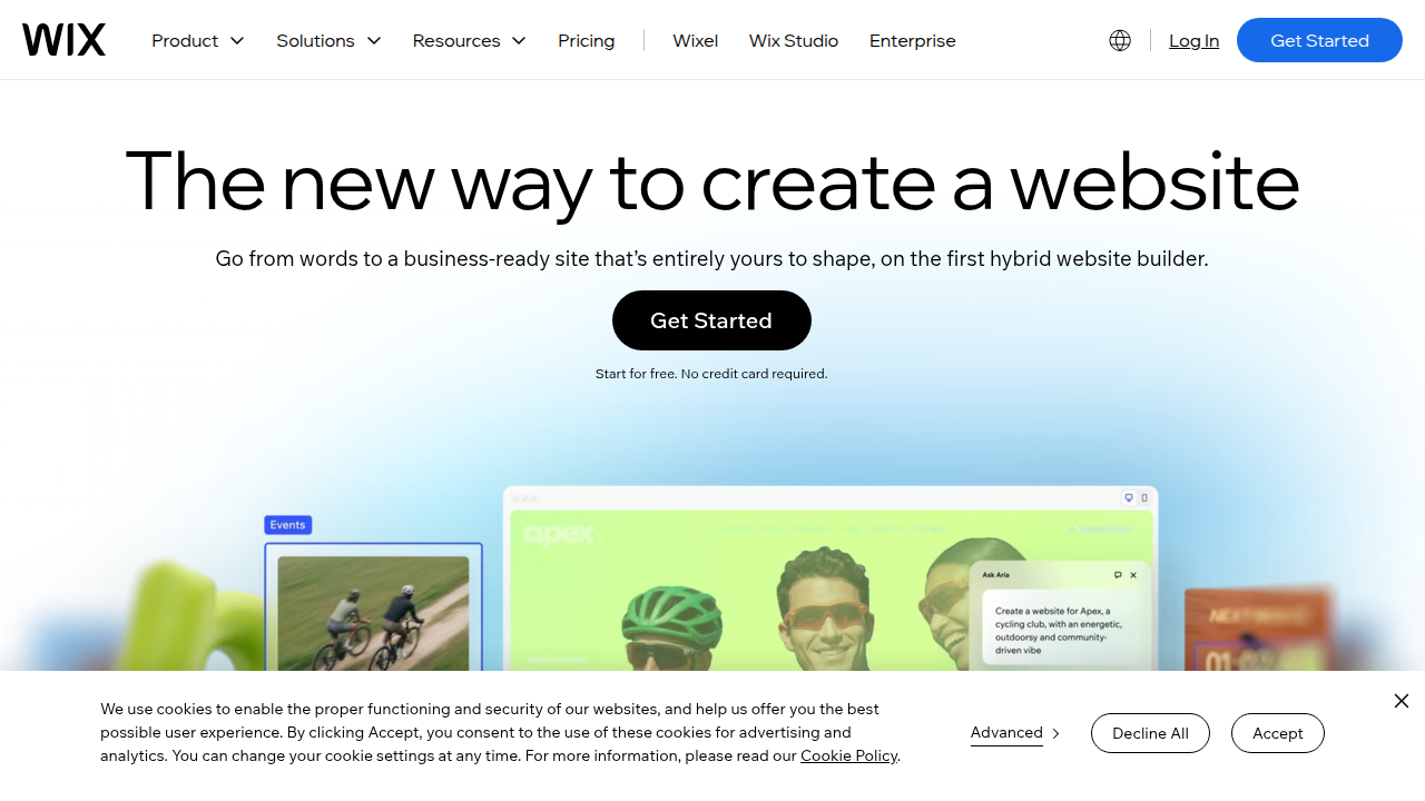 The official Wix homepage, showcasing its drag-and-drop interface and features for creating websites.