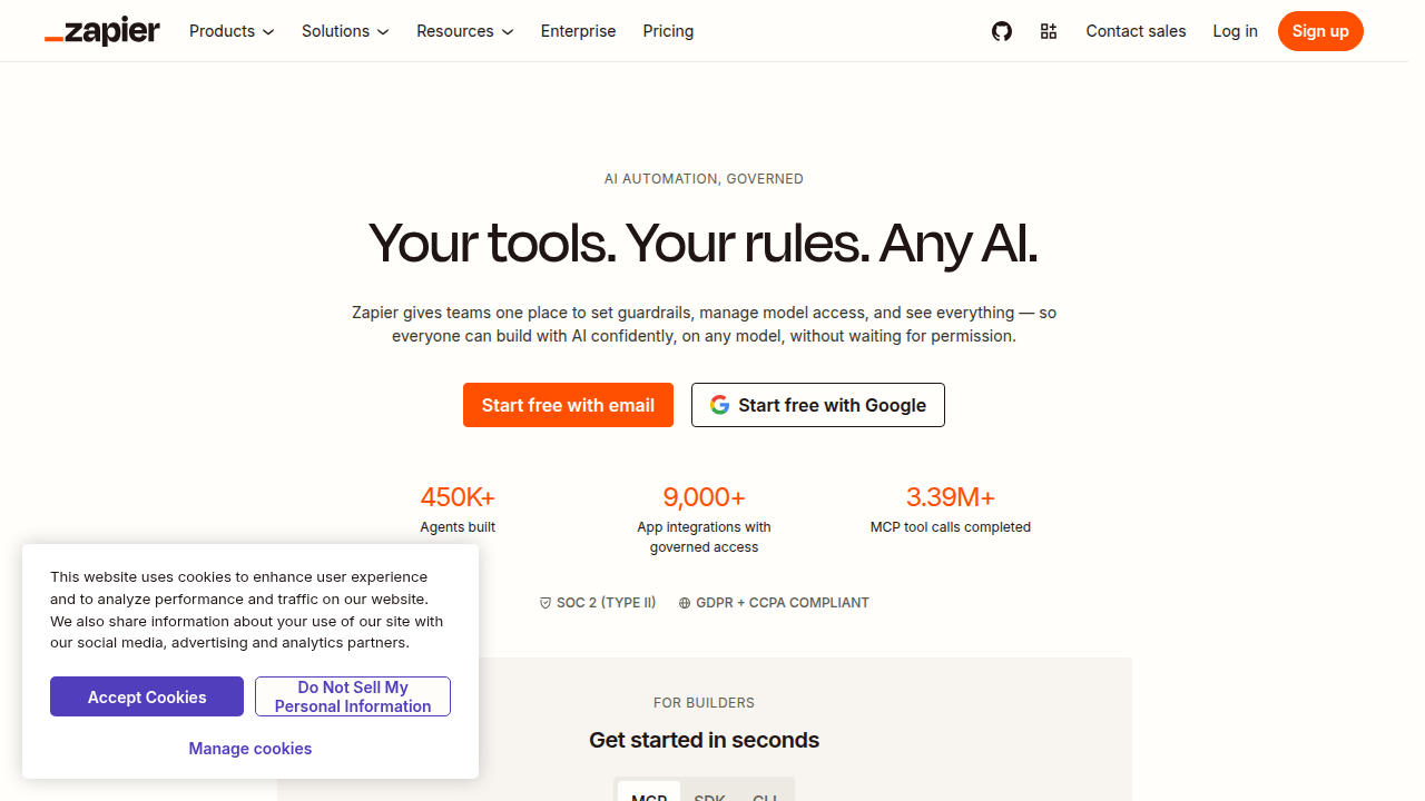 The Zapier homepage, demonstrating how it connects various apps to automate workflows without coding.