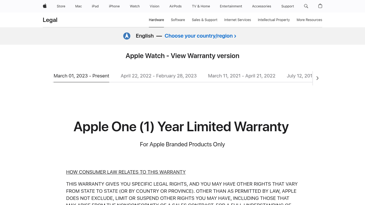 Details from Apple's official one-year limited warranty document for products.