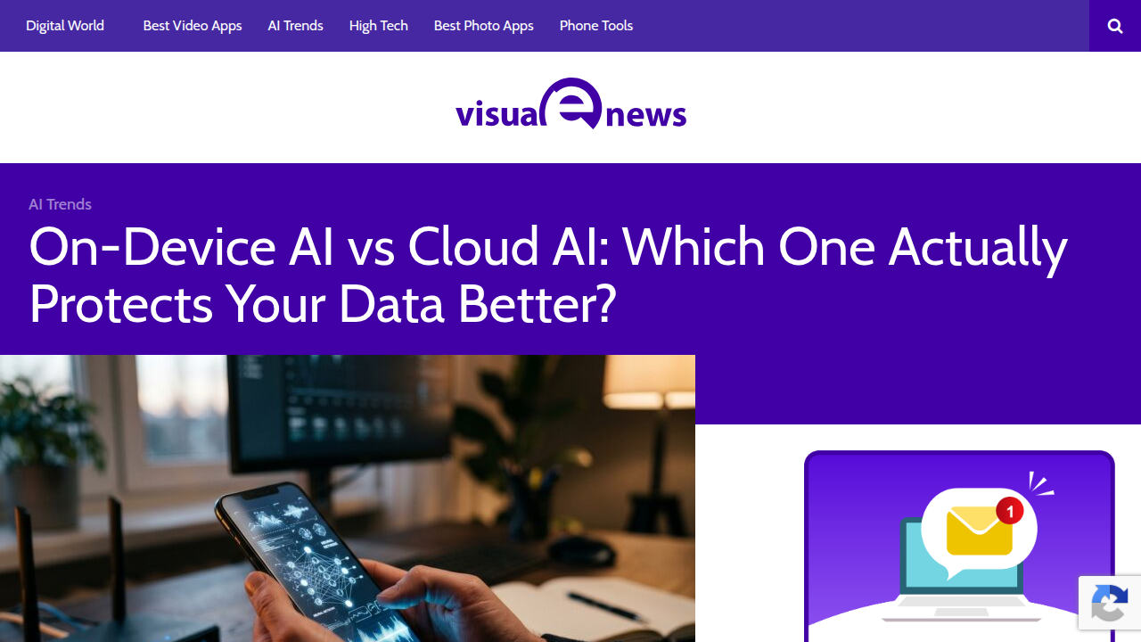 A screenshot from Visual eNews comparing on-device AI privacy with cloud AI, highlighting the benefits of local data processing for enhanced security.