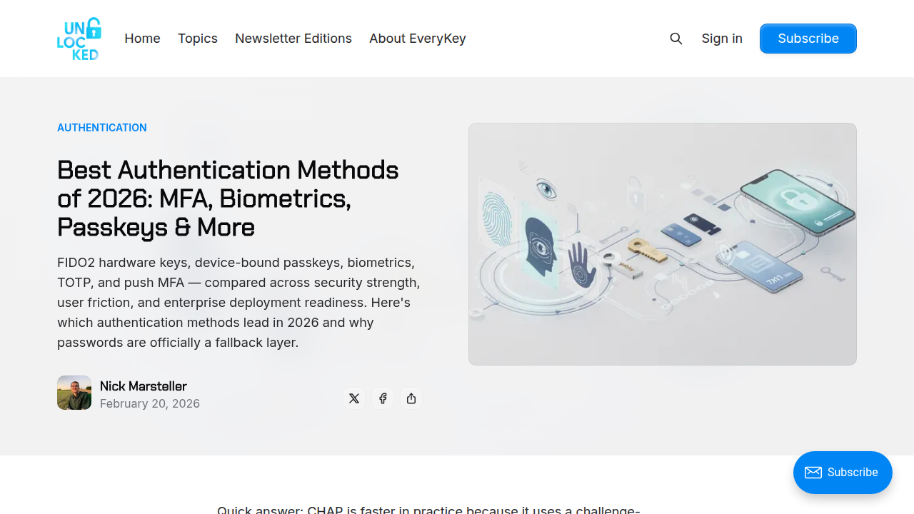 A screenshot from Everykey's 'Unlocked' blog, detailing the best authentication methods for 2026, including MFA, passkeys, and biometrics.