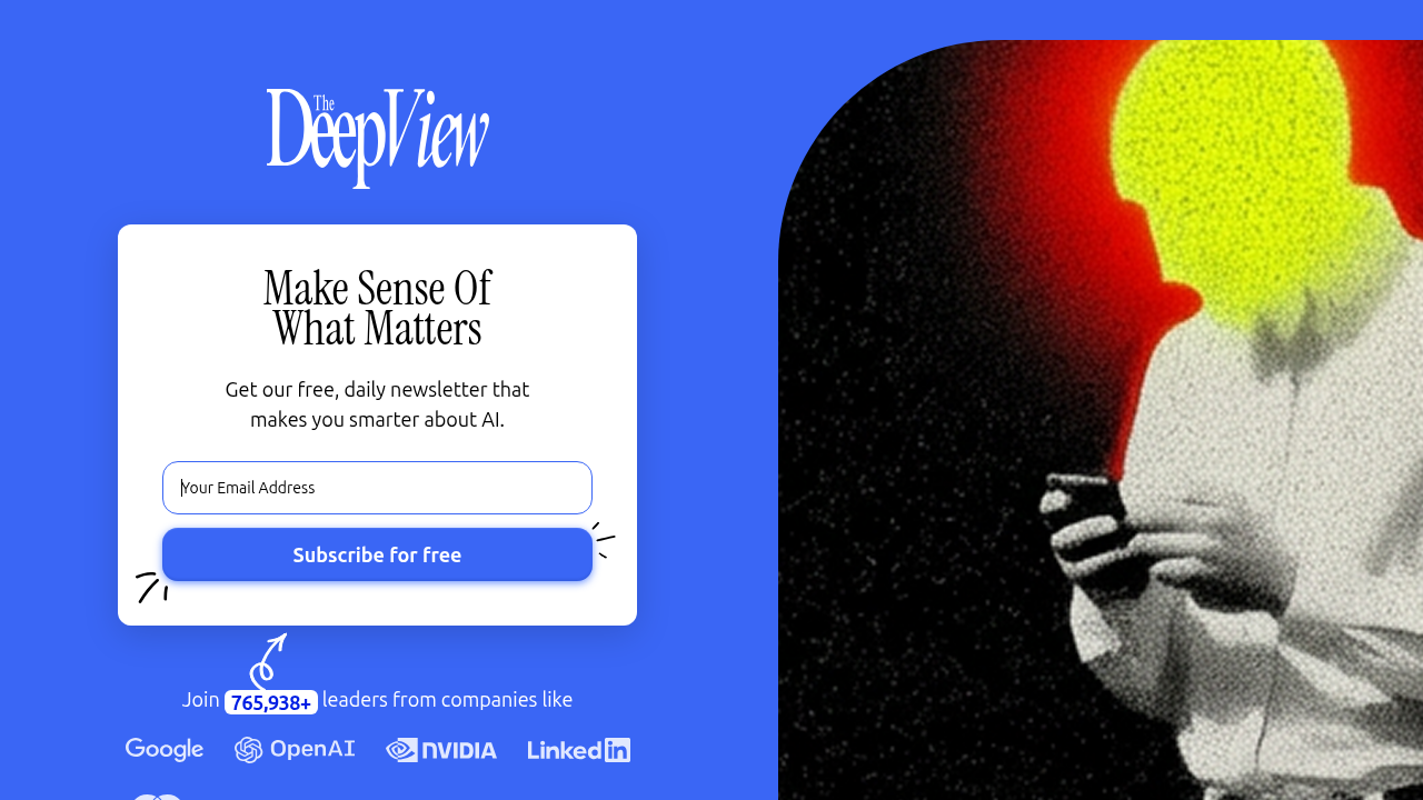 A screenshot of The Deep View Newsletter's homepage, a resource for AI updates and tech insights.