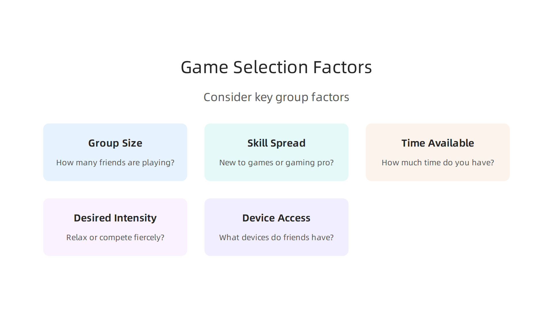 Consider group size, skill, time, intensity, and device access to choose the perfect social game.