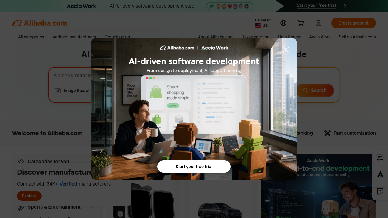 The homepage of Alibaba.com, another major global online marketplace often referenced for sourcing and seller verification tips.