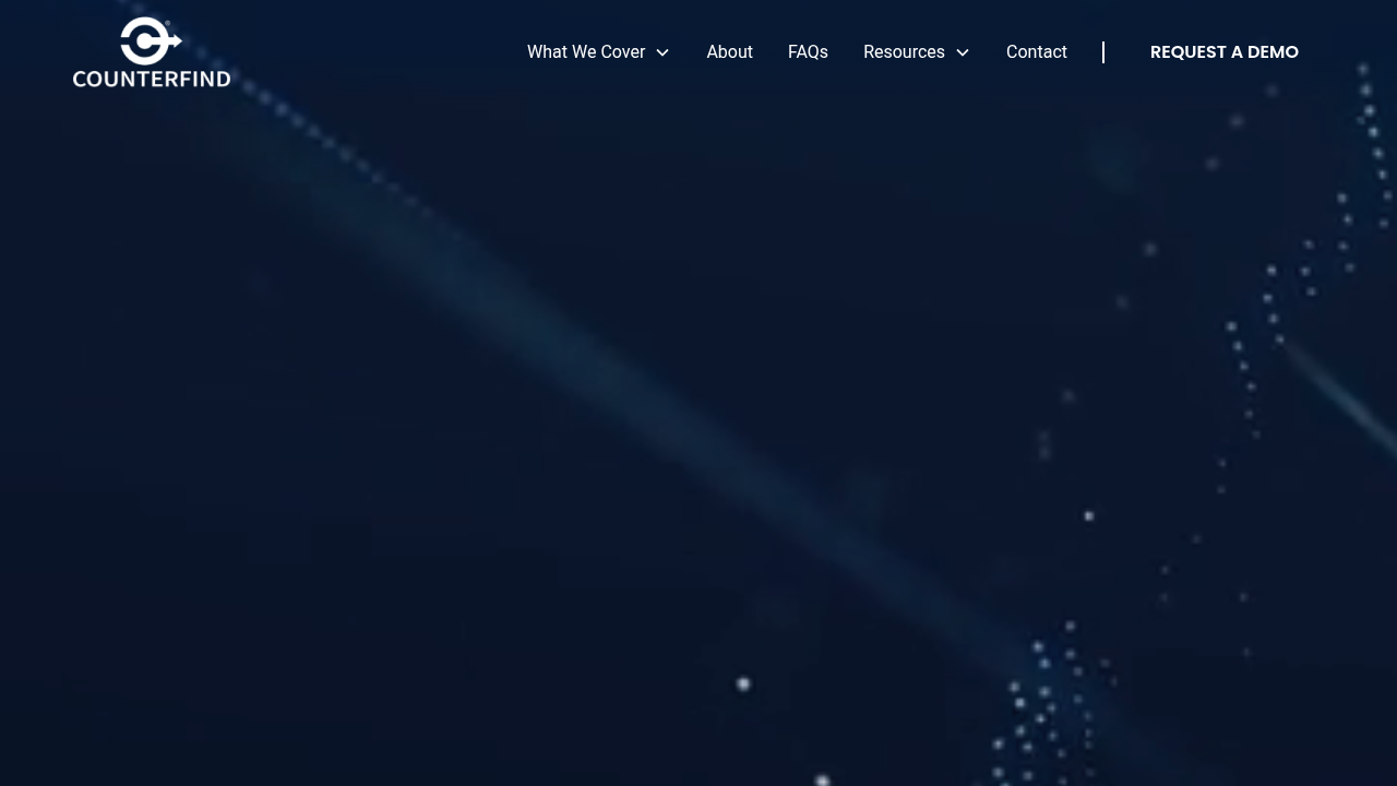 The homepage of Counterfind.com, a resource focused on online brand protection and combating counterfeit products, especially in the tech sector.
