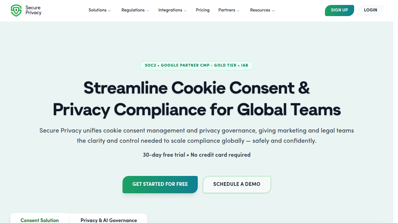 A screenshot of the SecurePrivacy AI homepage, an example of a resource for understanding privacy laws and compliance.