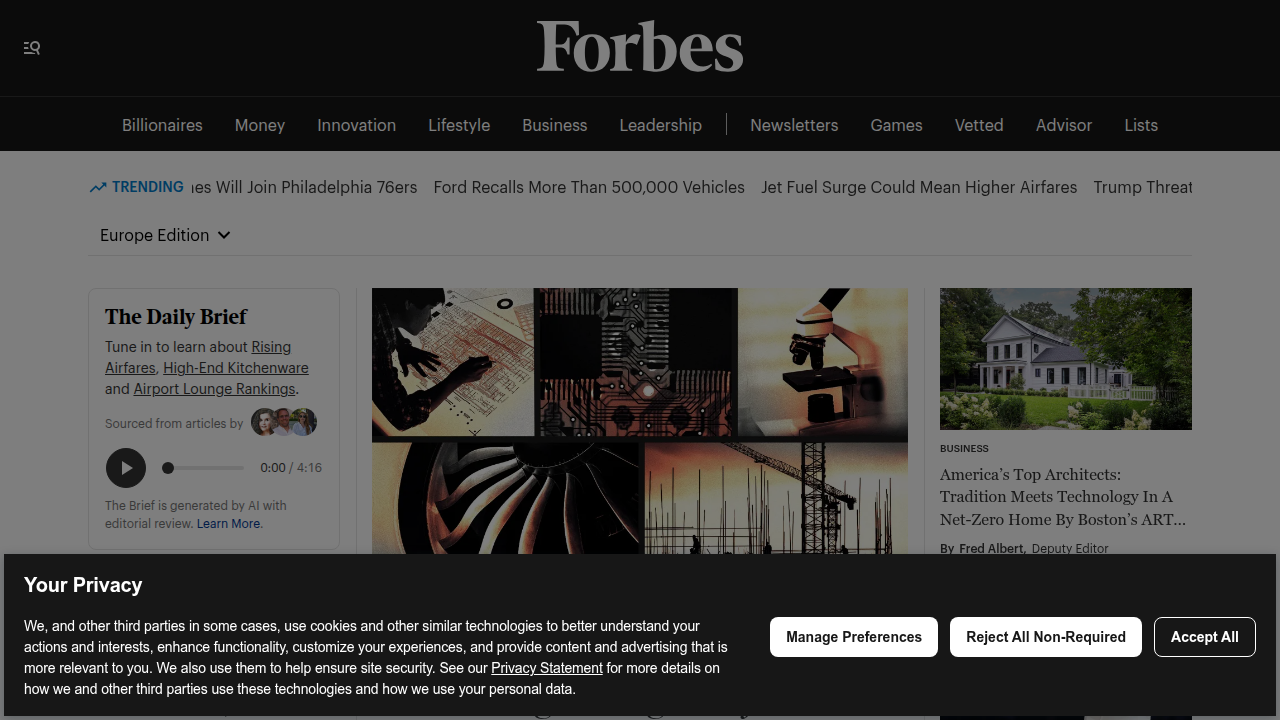 The homepage of Forbes, a prominent business magazine known for its billionaire lists and financial reporting.