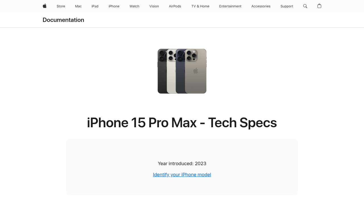 Screenshot of Apple's official support page detailing the precise technical specifications for the iPhone 15 Pro Max, essential for accessory compatibility.
