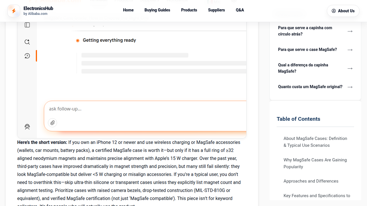 Screenshot of an Alibaba buying guide offering insights into choosing the right MagSafe case and what truly matters in terms of magnets and design.