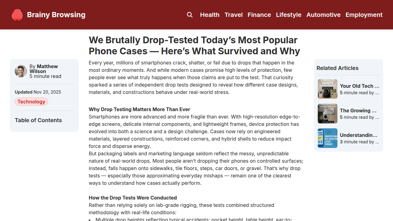 Screenshot of a Brainy Browsing article detailing brutal drop tests of popular phone cases, revealing real-world protection results.